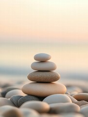 Poster - Smooth beach pebbles stacked gently with waves washing on a serene coastal landscape during sunset. Generative AI