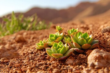 Wall Mural - A close-up of resilient succulents nestled in sandy soil amidst a dramatic desert backdrop