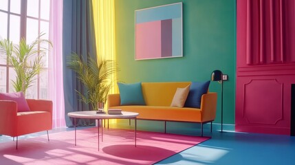 Sticker - Vibrant Living Room Interior Design with Colorful Sofa