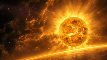 Wall Mural - vibrant sun emitting long rays in the depths of space at cosmic dawn. generative ai