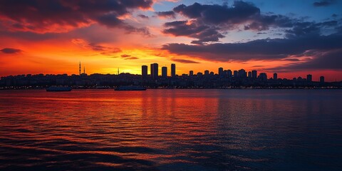 Aufkleber - Stunning sunset and skyline over the serene Marmara Sea create a captivating scene. The sunset reflects beautifully on the skyline, enhancing the tranquil beauty of the Marmara Sea.