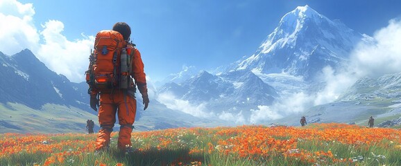 Canvas Print - Hiker in orange suit backpacks through a poppy field with a majestic mountain in the background.