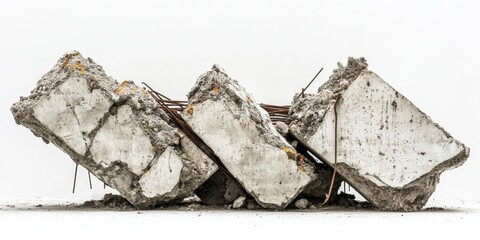 Fototapete - Large concrete fragments showcasing the remains of a structure with exposed rebar, set against a white background, emphasize the raw beauty of these concrete fragments in an artistic way.