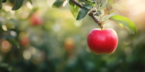 Fototapete - Red apple suspended from a tree in an orchard, showcasing its vibrant hue against a softly blurred background. The red apple stands out amidst the greenery of the orchard.