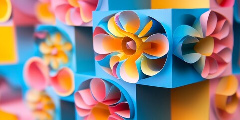 Aufkleber - Colorful folding paper features vibrant shades of blue, yellow, and pink, all meticulously cut into the shape of a box, showcasing the beauty of colorful folding paper artistry.
