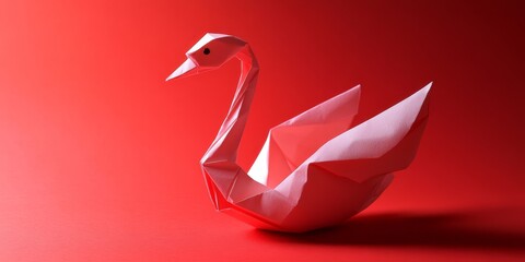 Aufkleber - Elegant origami swan displayed against a vibrant red background, showcasing the intricate artistry of origami. This origami swan captures attention with its striking design and color contrast.