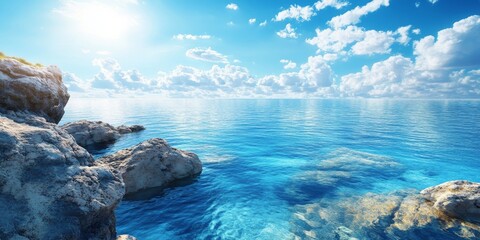 Poster - Stunning ocean view on a bright summer day, capturing the beauty of the ocean with vibrant colors and a tranquil atmosphere, perfect for showcasing the charm of an ocean view.