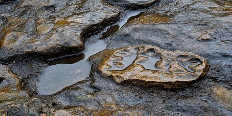 Leinwandbilder - Wet footprints leave a unique pattern on stones, creating an intriguing visual of wet footprints. The dampness enhances the details of the wet footprints on the natural surface of the stones.