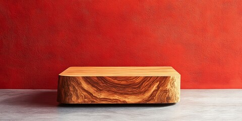 Poster - Wooden plinth resting on the ground against a vibrant red background, showcasing the unique texture and design of the wooden plinth in an eye catching setting. Perfect for artistic displays.