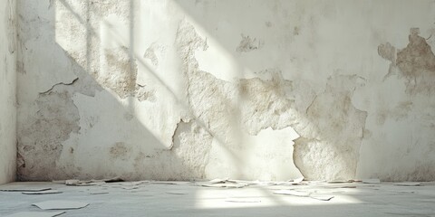 Poster - Textured interior featuring a damaged white wall, showcasing the unique characteristics of the damaged white wall, perfect for illustrating themes of wear and restoration in design.