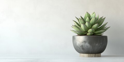 Poster - Metal vase featuring a succulent plant, set against a white wall and complemented by a wooden base, creates a harmonious and stylish decor element with the metal vase showcasing vibrant greenery.