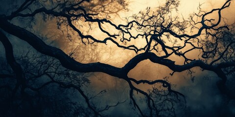 Aufkleber - Black dry tree branches silhouetted against a twilight sun background create a dramatic contrast. The black dry tree branches evoke a sense of mystery in the fading light of the evening.