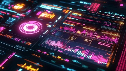 Wall Mural - futuristic neon glowing user interface displays various data points, statistics, graphs, and charts,