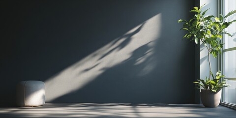 Fototapete - Shadow cast from a window creates a striking contrast on a dark grey wall indoors, highlighting the interplay of light and shadow in the space. This shadow adds visual interest to the ambiance.
