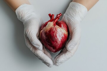 Poster - Realistic anatomical heart carefully cradled in gloved hands on neutral background. Generative AI