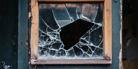 Aufkleber - Selective blur effect highlights the shattered glass of a broken window. The broken window, framed in wood, captures the essence of neglect in an abandoned and vandalized property.