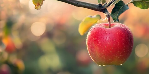 Fototapete - Red apple suspended from a tree in an orchard, showcasing its vibrant hue against a softly blurred background. The red apple stands out amidst the greenery of the orchard.