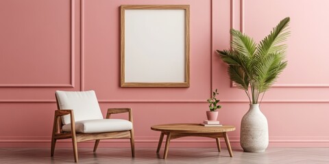 Aufkleber - Stylish pink wall room featuring a chair, coffee table, wooden frame, and a vase with a plant, creating a harmonious furniture arrangement perfect for stylish decor.