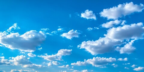 Poster - Vibrant blue sky featuring fluffy white clouds creates a stunning backdrop. This blue sky with white clouds offers a serene and uplifting view perfect for various creative projects.