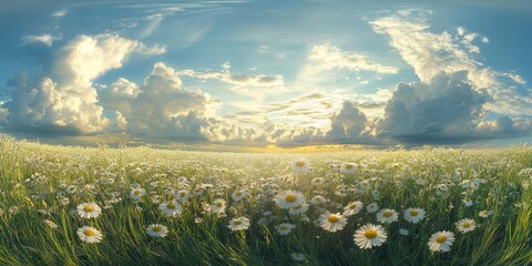 Aufkleber - Panorama of a chamomile field featuring vibrant sun and dynamic cloudscape, showcasing the beauty of chamomile in a stunning landscape highlighted by the interplay of light and nature.