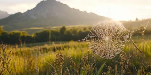 morning spider web at the mountain, showcasing the intricate design of a spider web glistening in th