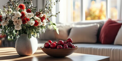 Poster - Elegant living room interior featuring a vase of flowers and a bowl of red fruits on a wooden coffee table, complemented by a stylish ginger sofa for a cozy atmosphere.