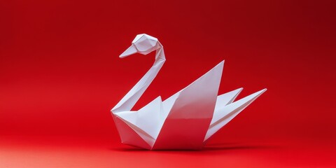 Aufkleber - Elegant origami swan displayed against a vibrant red background, showcasing the intricate artistry of origami. This origami swan captures attention with its striking design and color contrast.