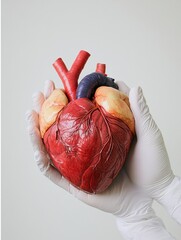 Poster - Realistic anatomical heart held delicately in gloved hands against a neutral background. Generative AI