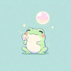 Wall Mural - Adorable Frog Blowing Bubbles Under a Magical Moon