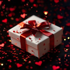 Wall Mural - Romantic Gift Box with Red Ribbon and Heart Confetti