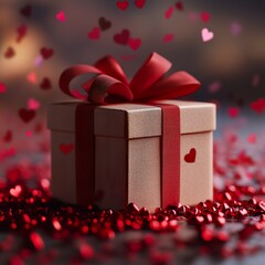 Wall Mural - Romantic Gift Box with Red Ribbon and Heart Confetti