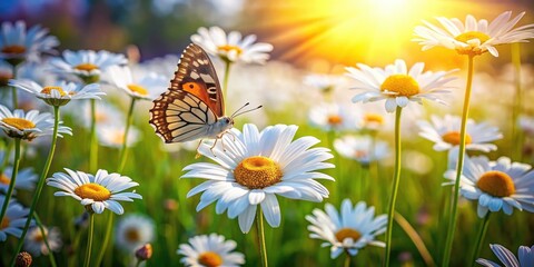 Wall Mural - Spring's breathtaking close-up: blooming daisies and a butterfly in stunning macro detail.