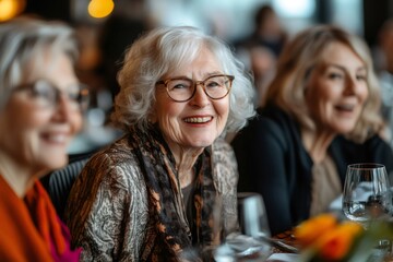 Wall Mural - Senior woman smiling with friends at restaurant table