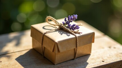 gift in craft paper with lavender lies on the table outside