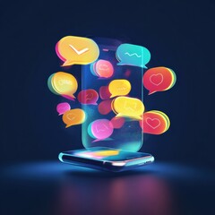 Aufkleber - Bright chat bubbles emerging from a smartphone screen during a digital communication moment. Generative AI