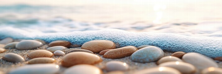 Leinwandbilder - Close up of smooth beach pebbles as gentle waves caress the shoreline during a serene coastal morning. Generative AI