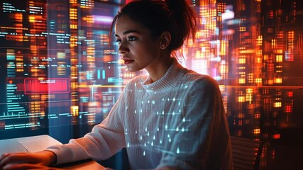 Woman programmer coding late at night in front of a futuristic screen