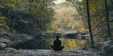 Wall Mural - A personal self-image of someone sitting peacefully in nature, reflecting on their thoughts.