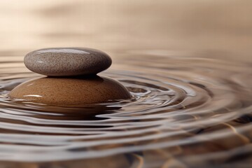 Fototapete - Smooth beach pebbles resting on water as gentle waves create ripples at a serene coastal setting. Generative AI