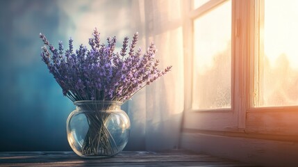 Wall Mural - Sunlit lavender bouquet in glass vase on windowsill.