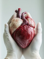 Poster - Realistic anatomical heart gently held in gloved hands against a soft, light background with focus on intricate details. Generative AI