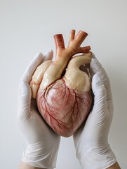 Aufkleber - Realistic anatomical heart gently held in gloved hands against a plain background for educational and medical purposes. Generative AI