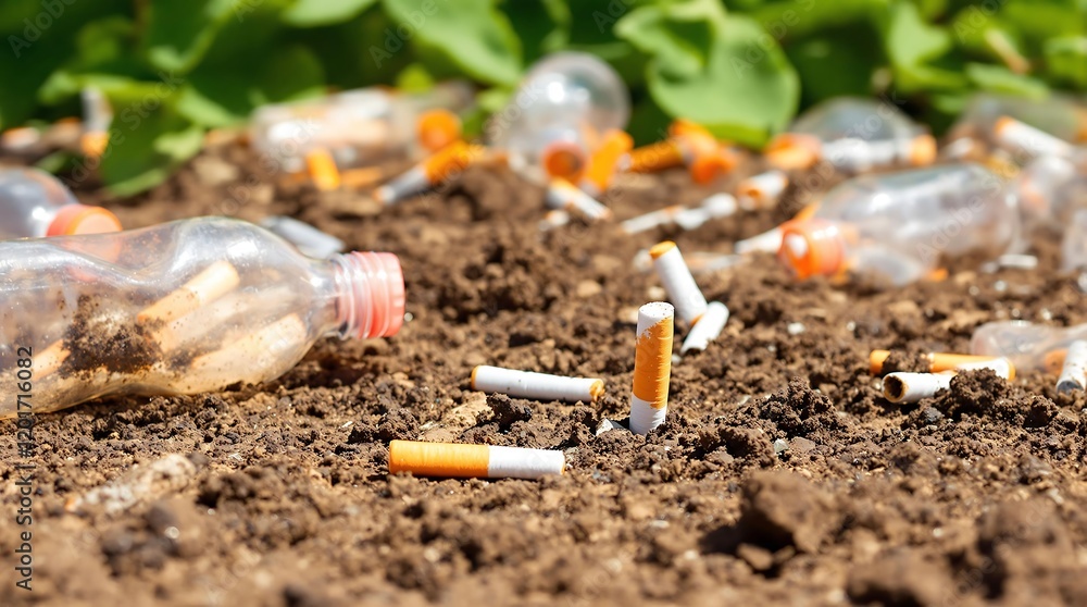 Ilustración de Stock Soil underground pollution with cigarette butts ...