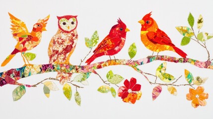 Wall Mural - Colorful birds on branch with flowers.