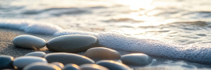 Poster - Close up view of smooth beach pebbles with gentle waves caressing the shore at sunset. Generative AI