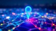 © SaymaHossan - Locating a place on a map and a pin above a blue-toned cityscape and utilizing the internet of things, satellite navigation system, and network connection,City map featuring directional signs,