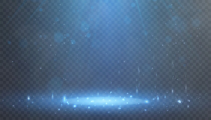 Poster - Blue Spotlight effect to illuminate the stage and objects with bright spotlight lighting with shimmering sparkles and stars on a black background.