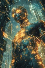 Naklejka na meble Futuristic humanoid AI glowing with intricate golden circuitry, standing against a cyberpunk cityscape of towering neon-lit skyscrapers.