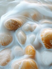 Poster - Close up view of smooth beach pebbles being gently washed by waves during a serene coastal moment. Generative AI