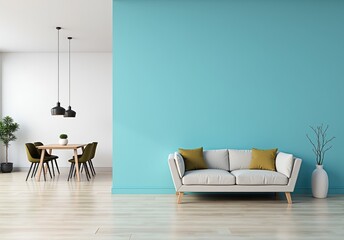 Wall Mural - Modern interior design of apartment, empty living room with blank blue wall, dining room with table and chairs, interior background